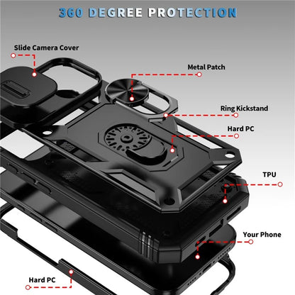 For iPhone 16 Plus Case Sliding Camera Cover Ring Kickstand PC+TPU Phone Shell