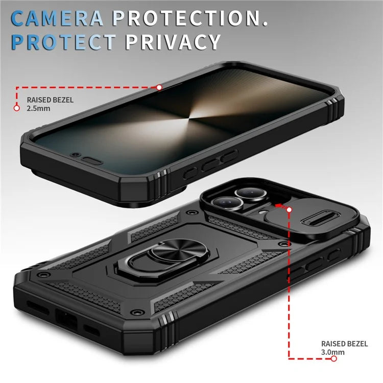 For iPhone 16 Plus Case Sliding Camera Cover Ring Kickstand PC+TPU Phone Shell
