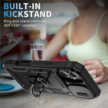 For iPhone 16 Plus Case Sliding Camera Cover Ring Kickstand PC+TPU Phone Shell