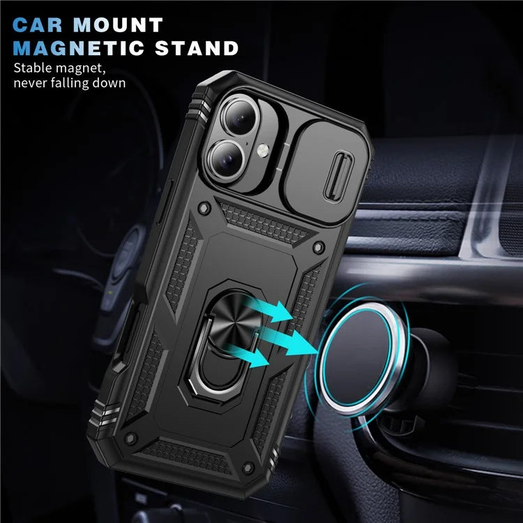 For iPhone 16 Plus Case Sliding Camera Cover Ring Kickstand PC+TPU Phone Shell