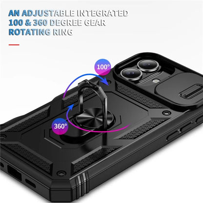 For iPhone 16 Plus Case Sliding Camera Cover Ring Kickstand PC+TPU Phone Shell