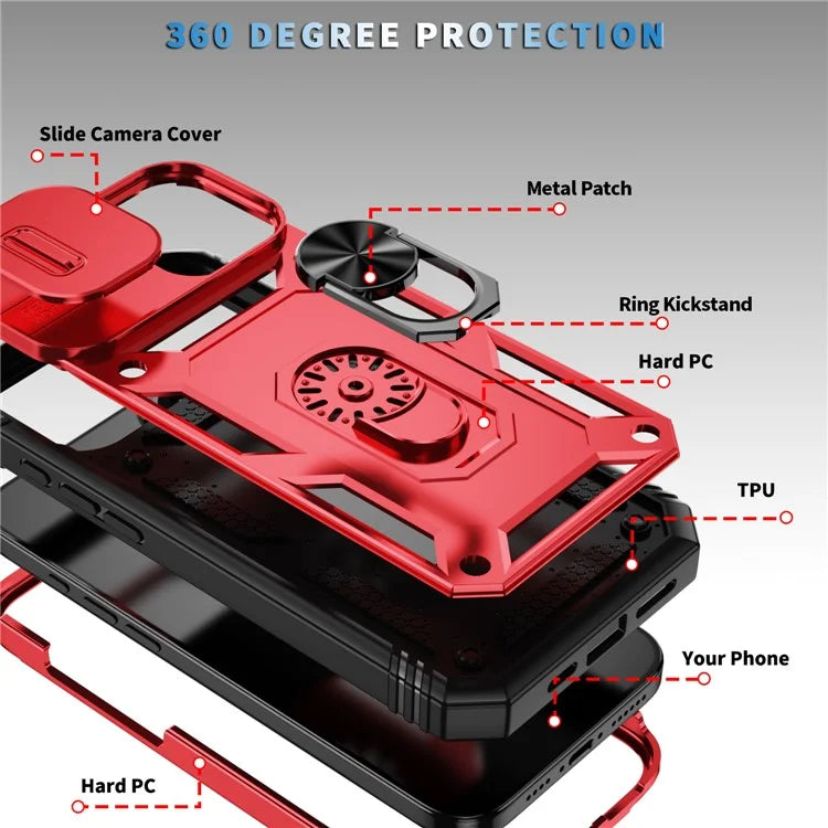 For iPhone 16 Plus Case Sliding Camera Cover Ring Kickstand PC+TPU Phone Shell