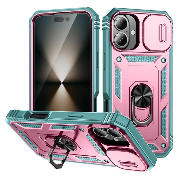 For iPhone 16 Plus Case Sliding Camera Cover Ring Kickstand PC+TPU Phone Shell
