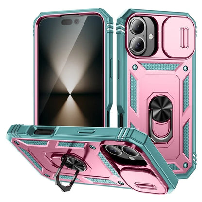 For iPhone 16 Plus Case Sliding Camera Cover Ring Kickstand PC+TPU Phone Shell