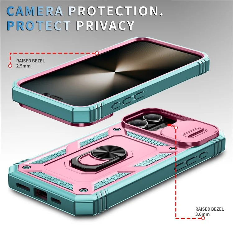 For iPhone 16 Plus Case Sliding Camera Cover Ring Kickstand PC+TPU Phone Shell