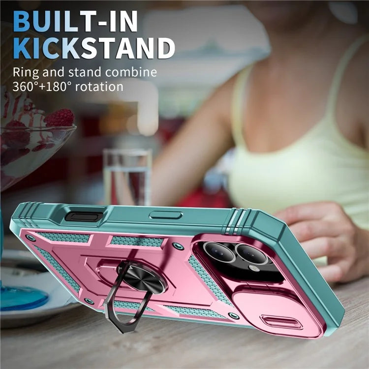 For iPhone 16 Plus Case Sliding Camera Cover Ring Kickstand PC+TPU Phone Shell