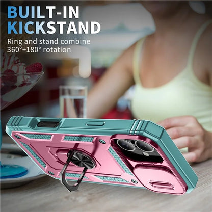 For iPhone 16 Plus Case Sliding Camera Cover Ring Kickstand PC+TPU Phone Shell
