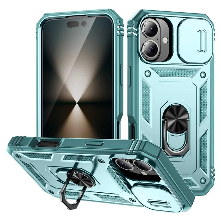 For iPhone 16 Plus Case Sliding Camera Cover Ring Kickstand PC+TPU Phone Shell