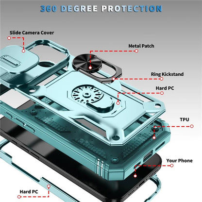 For iPhone 16 Plus Case Sliding Camera Cover Ring Kickstand PC+TPU Phone Shell
