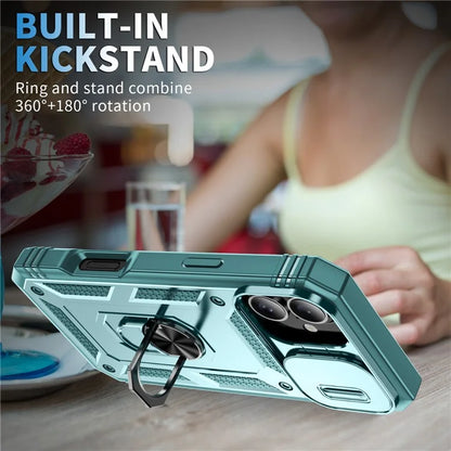 For iPhone 16 Plus Case Sliding Camera Cover Ring Kickstand PC+TPU Phone Shell