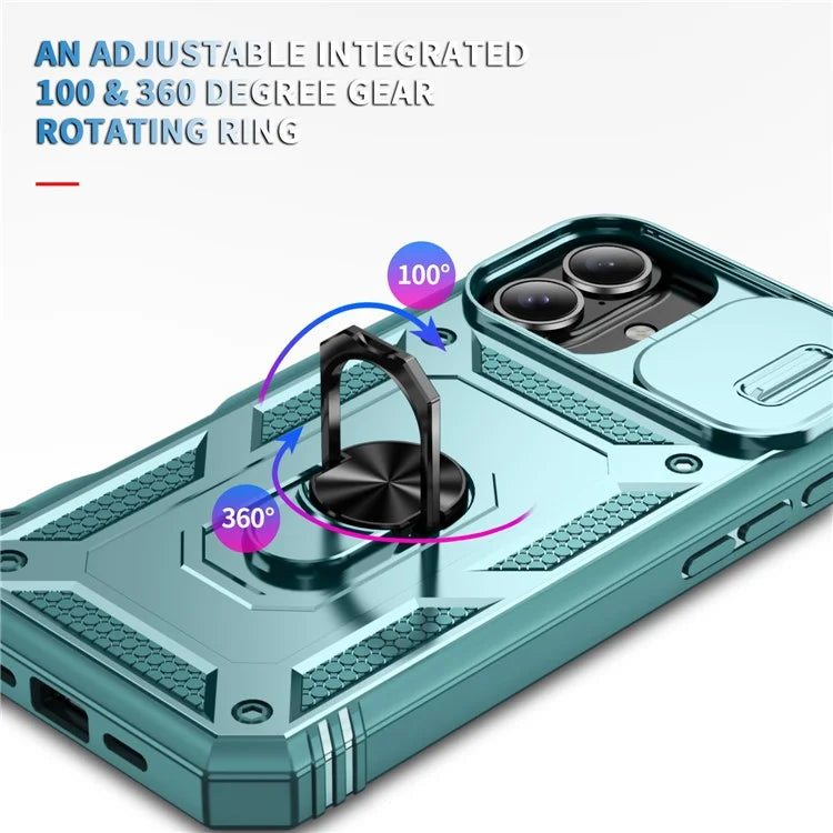 For iPhone 16 Plus Case Sliding Camera Cover Ring Kickstand PC+TPU Phone Shell