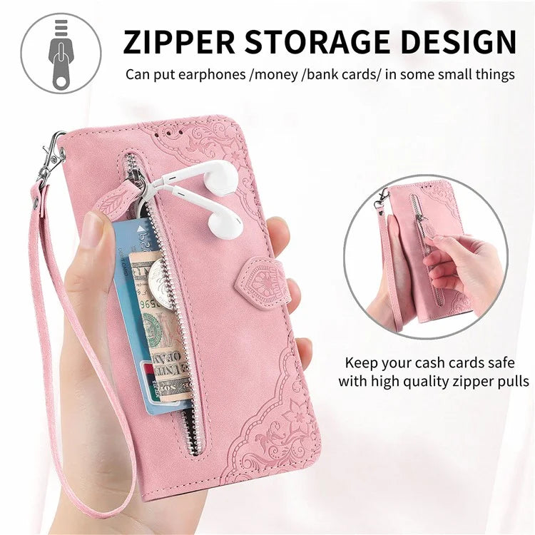 For Samsung Galaxy A16 5G Case Zipper Wallet PU Leather Flower Imprint Phone Cover
