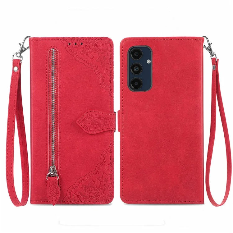 For Samsung Galaxy A16 5G Case Zipper Wallet PU Leather Flower Imprint Phone Cover