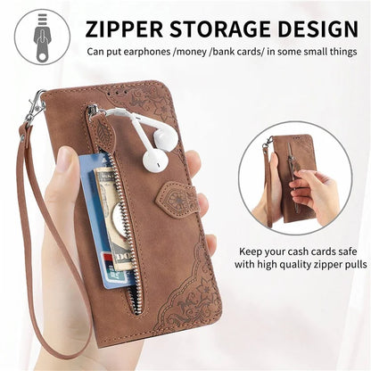For Samsung Galaxy A16 5G Case Zipper Wallet PU Leather Flower Imprint Phone Cover