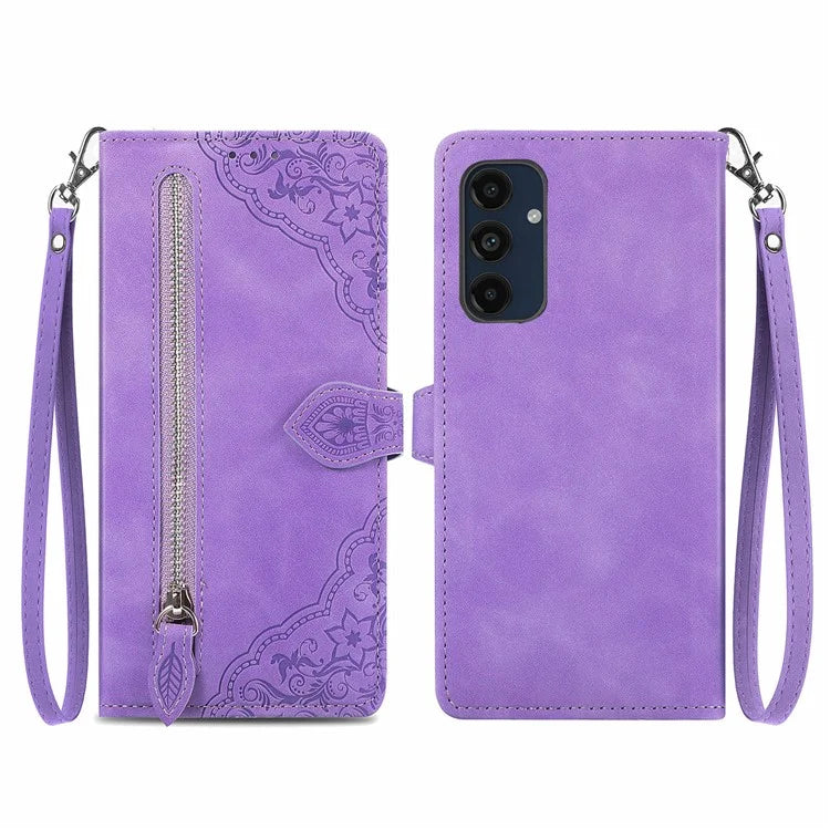 For Samsung Galaxy A16 5G Case Zipper Wallet PU Leather Flower Imprint Phone Cover