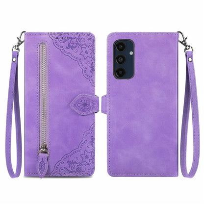 For Samsung Galaxy A16 5G Case Zipper Wallet PU Leather Flower Imprint Phone Cover