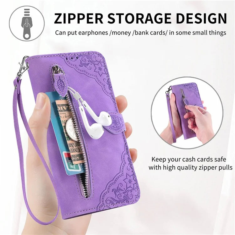 For Samsung Galaxy A16 5G Case Zipper Wallet PU Leather Flower Imprint Phone Cover