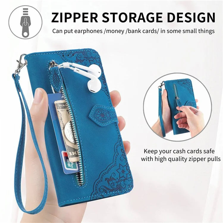 For Samsung Galaxy A16 5G Case Zipper Wallet PU Leather Flower Imprint Phone Cover