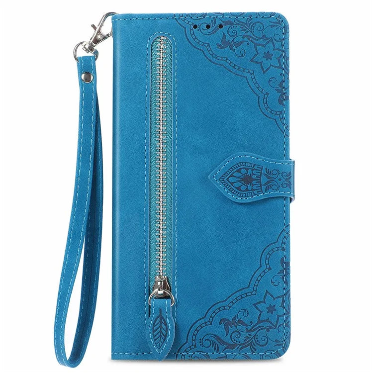 For Samsung Galaxy A16 5G Case Zipper Wallet PU Leather Flower Imprint Phone Cover