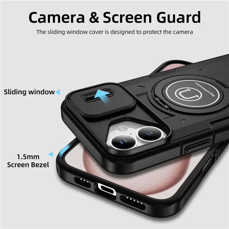 For iPhone 16 Plus Case Camshield Kickstand TPU+PC Phone Cover Support Magnetic Car Mount