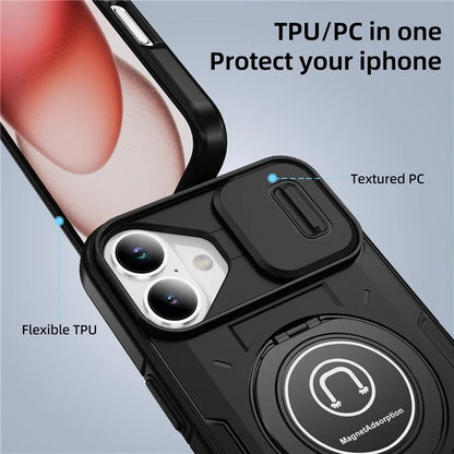 For iPhone 16 Plus Case Camshield Kickstand TPU+PC Phone Cover Support Magnetic Car Mount