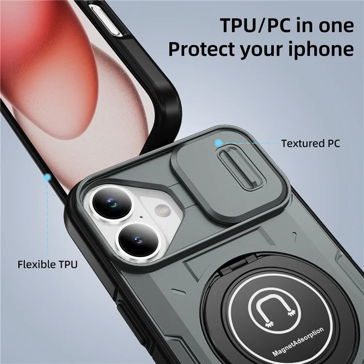 For iPhone 16 Plus Case Camshield Kickstand TPU+PC Phone Cover Support Magnetic Car Mount