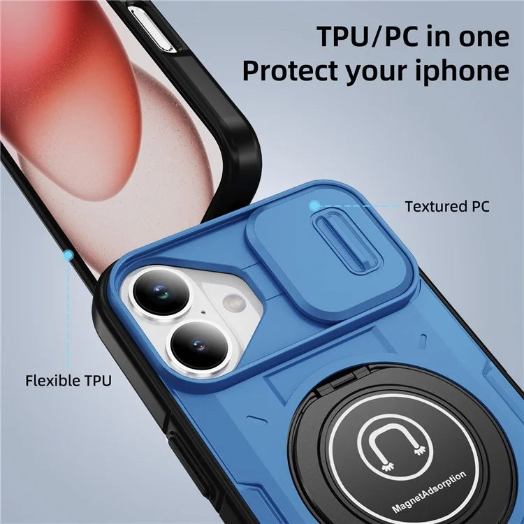 For iPhone 16 Plus Case Camshield Kickstand TPU+PC Phone Cover Support Magnetic Car Mount