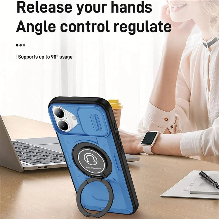 For iPhone 16 Plus Case Camshield Kickstand TPU+PC Phone Cover Support Magnetic Car Mount