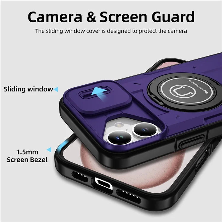 For iPhone 16 Plus Case Camshield Kickstand TPU+PC Phone Cover Support Magnetic Car Mount