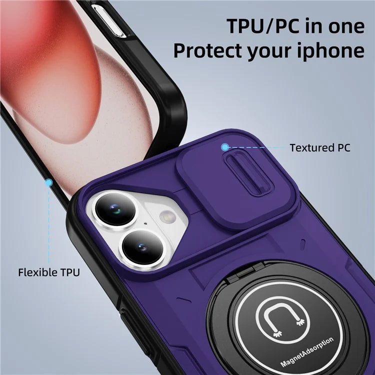 For iPhone 16 Plus Case Camshield Kickstand TPU+PC Phone Cover Support Magnetic Car Mount