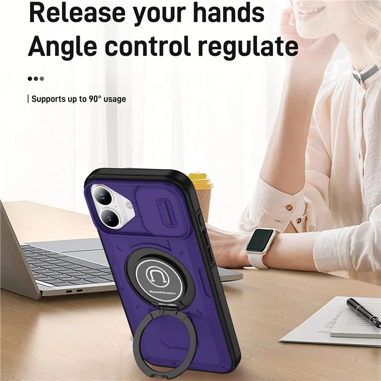 For iPhone 16 Plus Case Camshield Kickstand TPU+PC Phone Cover Support Magnetic Car Mount