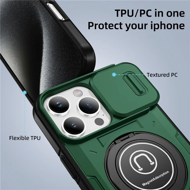 For iPhone 16 Pro Case Camshield Kickstand TPU+PC Phone Cover Support Magnetic Car Mount
