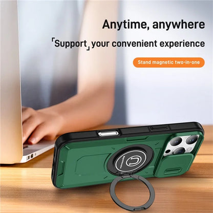 For iPhone 16 Pro Case Camshield Kickstand TPU+PC Phone Cover Support Magnetic Car Mount