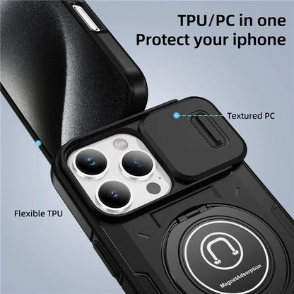 For iPhone 16 Pro Case Camshield Kickstand TPU+PC Phone Cover Support Magnetic Car Mount