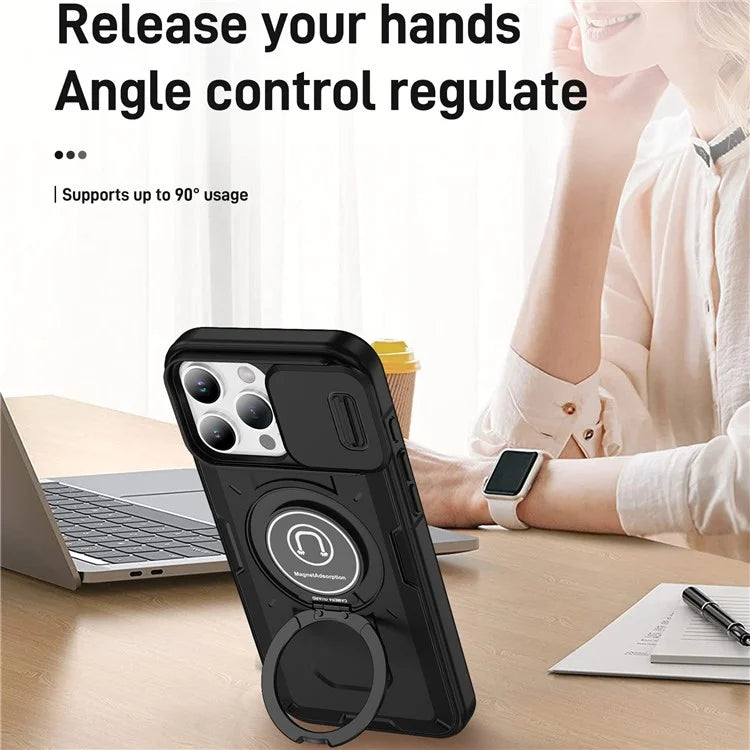 For iPhone 16 Pro Case Camshield Kickstand TPU+PC Phone Cover Support Magnetic Car Mount
