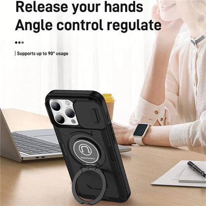 For iPhone 16 Pro Case Camshield Kickstand TPU+PC Phone Cover Support Magnetic Car Mount