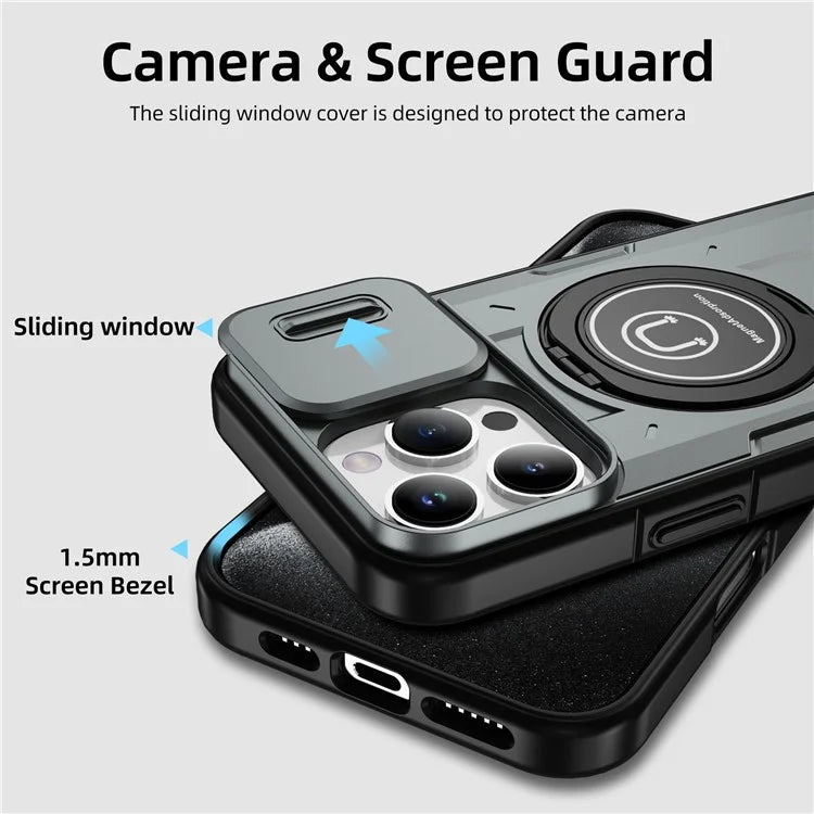 For iPhone 16 Pro Case Camshield Kickstand TPU+PC Phone Cover Support Magnetic Car Mount