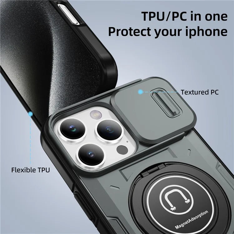 For iPhone 16 Pro Case Camshield Kickstand TPU+PC Phone Cover Support Magnetic Car Mount
