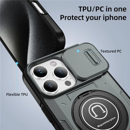 For iPhone 16 Pro Case Camshield Kickstand TPU+PC Phone Cover Support Magnetic Car Mount