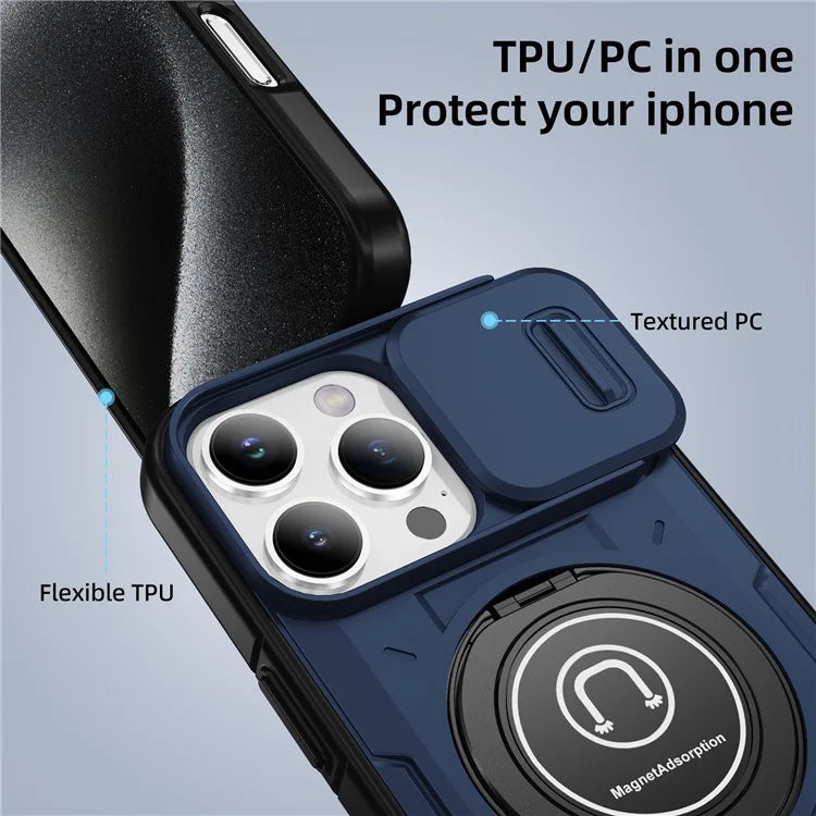 For iPhone 16 Pro Case Camshield Kickstand TPU+PC Phone Cover Support Magnetic Car Mount