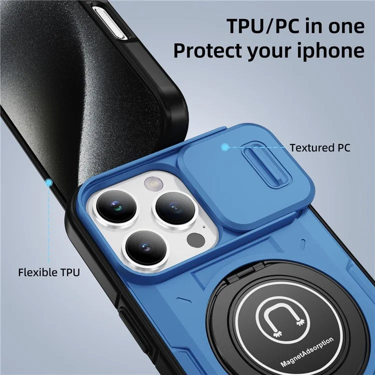 For iPhone 16 Pro Case Camshield Kickstand TPU+PC Phone Cover Support Magnetic Car Mount
