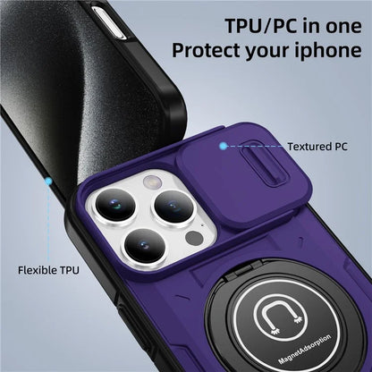 For iPhone 16 Pro Case Camshield Kickstand TPU+PC Phone Cover Support Magnetic Car Mount