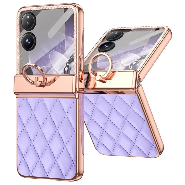 For Xiaomi Mix Flip 5G Case Ring Holder Rhinestone Leather+PC Cover with Rear Screen Film