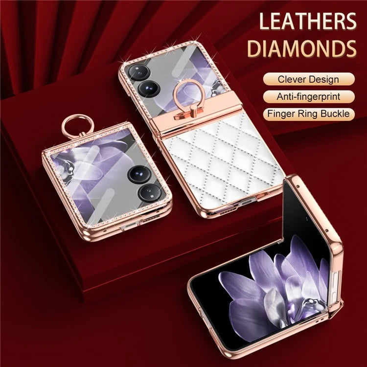 For Xiaomi Mix Flip 5G Case Ring Holder Rhinestone Leather+PC Cover with Rear Screen Film