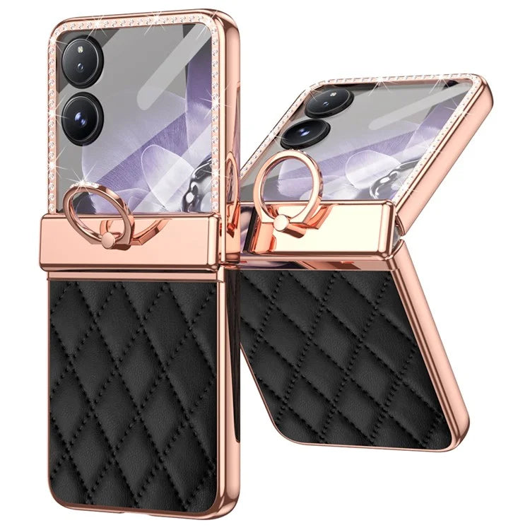 For Xiaomi Mix Flip 5G Case Ring Holder Rhinestone Leather+PC Cover with Rear Screen Film