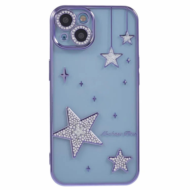 For iPhone 15 Case 3D Bling Stars Electroplating TPU Clear Phone Case