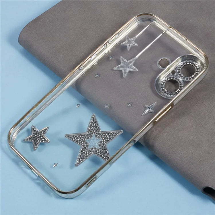 For iPhone 16 Plus Case 3D Bling Stars Electroplating TPU Clear Phone Case