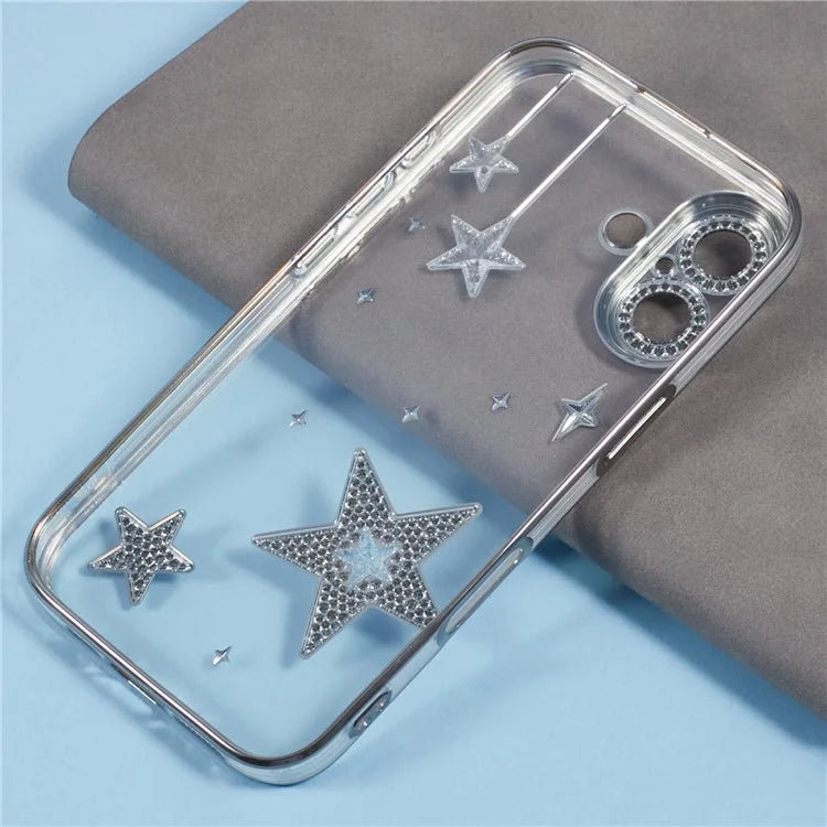 For iPhone 16 Plus Case 3D Bling Stars Electroplating TPU Clear Phone Case