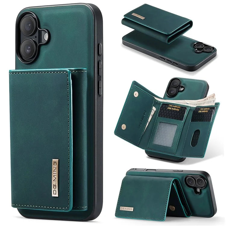 DG.MING M1 Series for iPhone 16 Plus Case Kickstand PU Phone Cover with Detachable Wallet