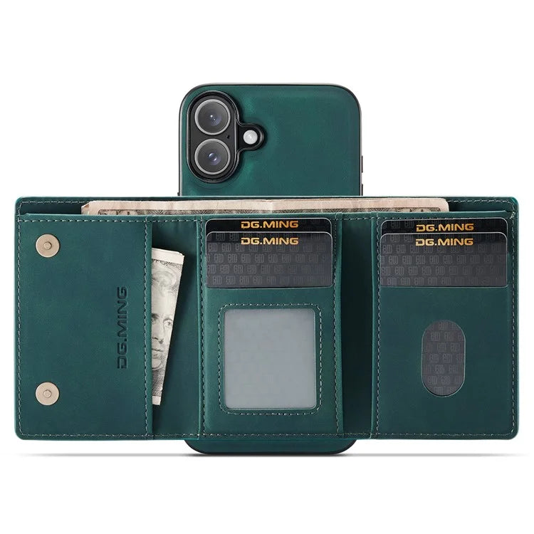 DG.MING M1 Series for iPhone 16 Plus Case Kickstand PU Phone Cover with Detachable Wallet